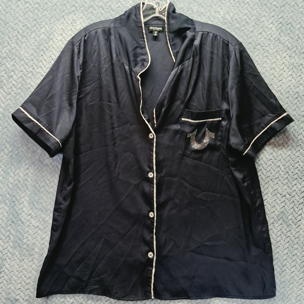 True Religion Navy Satin Pajama Top Rhinestone Logo Short Sleeve XL Loungewear